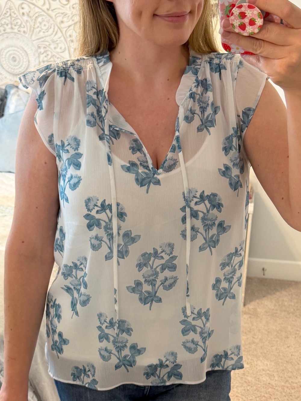 Blue Floral Tie-Front Sleeveless Blouse
